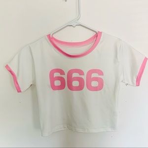 Dolls Kill Tops - Pink & White 666 Cropped Ringer T-shirt Swim Top Dolls Kill Tops - Pink & White 666 Cropped Ringer T-shirt Swim Top